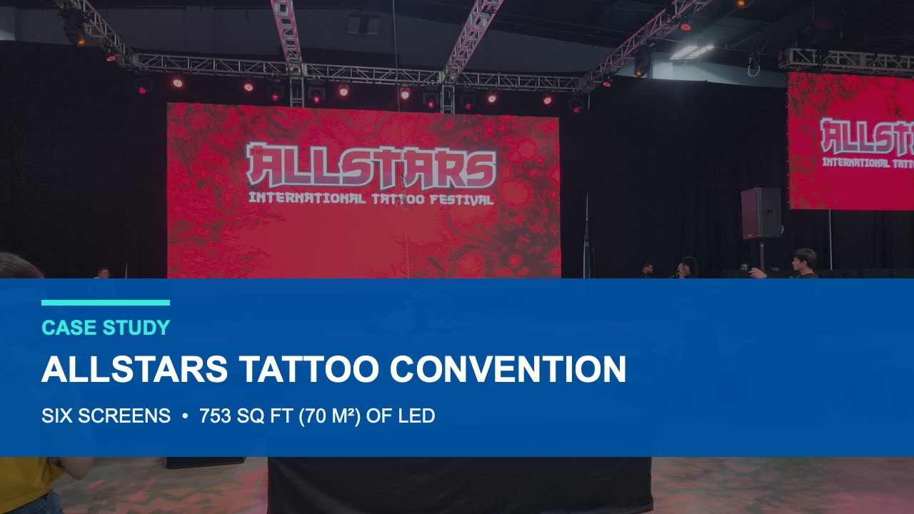 Main and supporting LED screens displaying the Allstars Tattoo Convention 2024 identity.