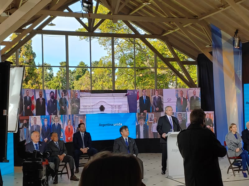 Remote participants on the LED display during the July 9, 2020 ceremony in Olivos.