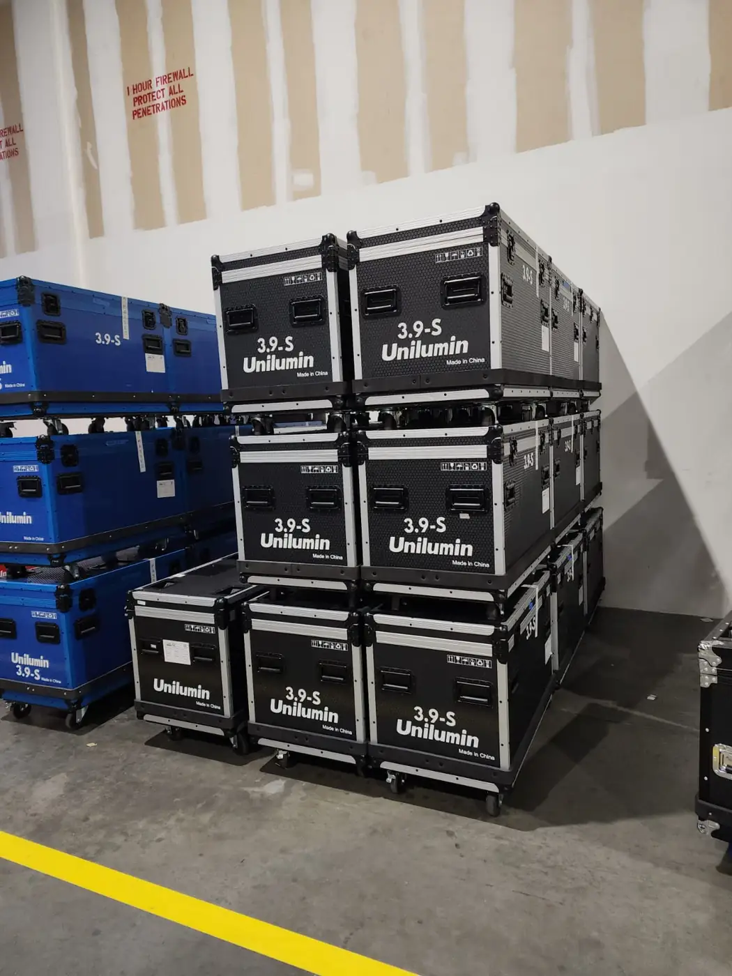 Labeled LED display transport cases in the Orlando warehouse