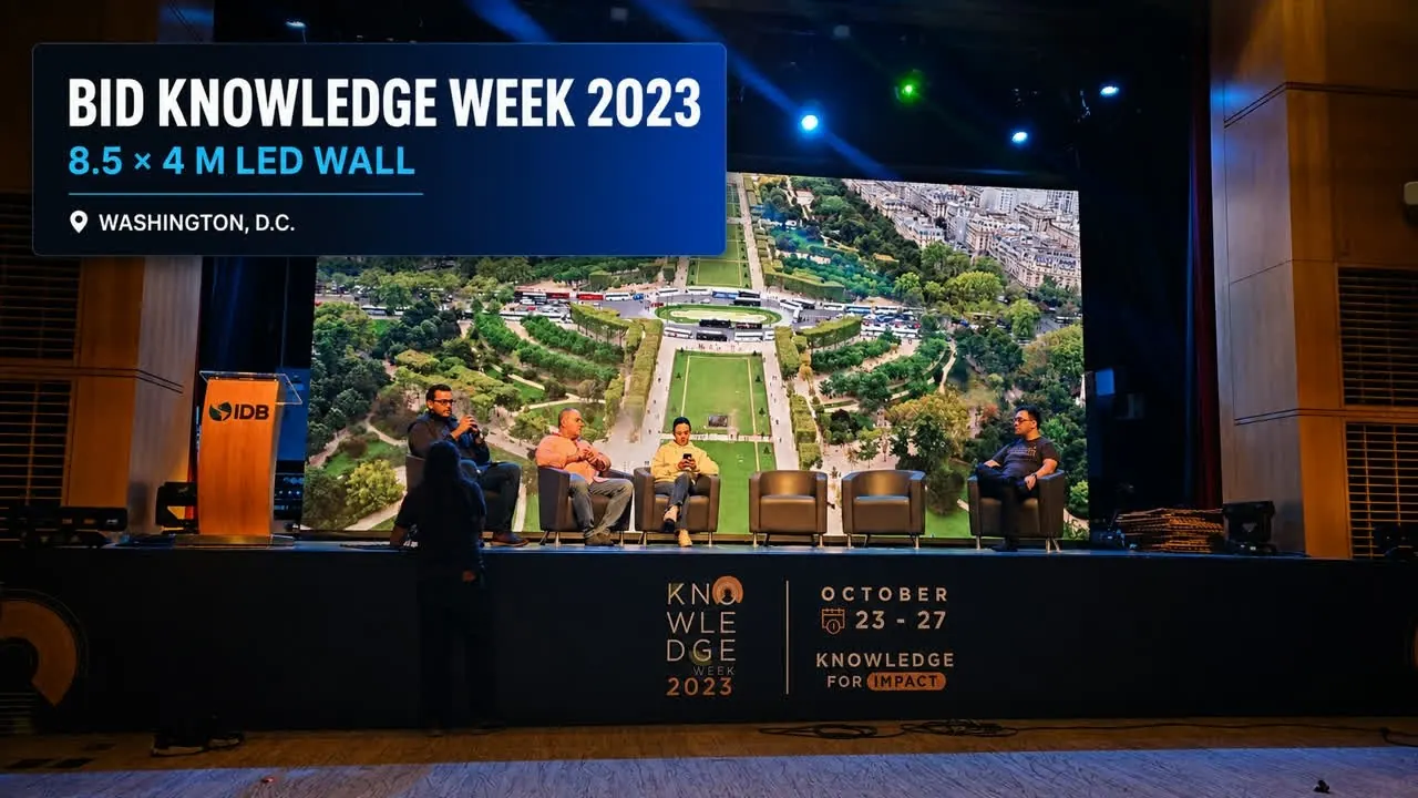 IDB Knowledge Week 2023 stage in Washington D.C. with a 27.9 by 13.1 foot LED wall supported by GLMedia