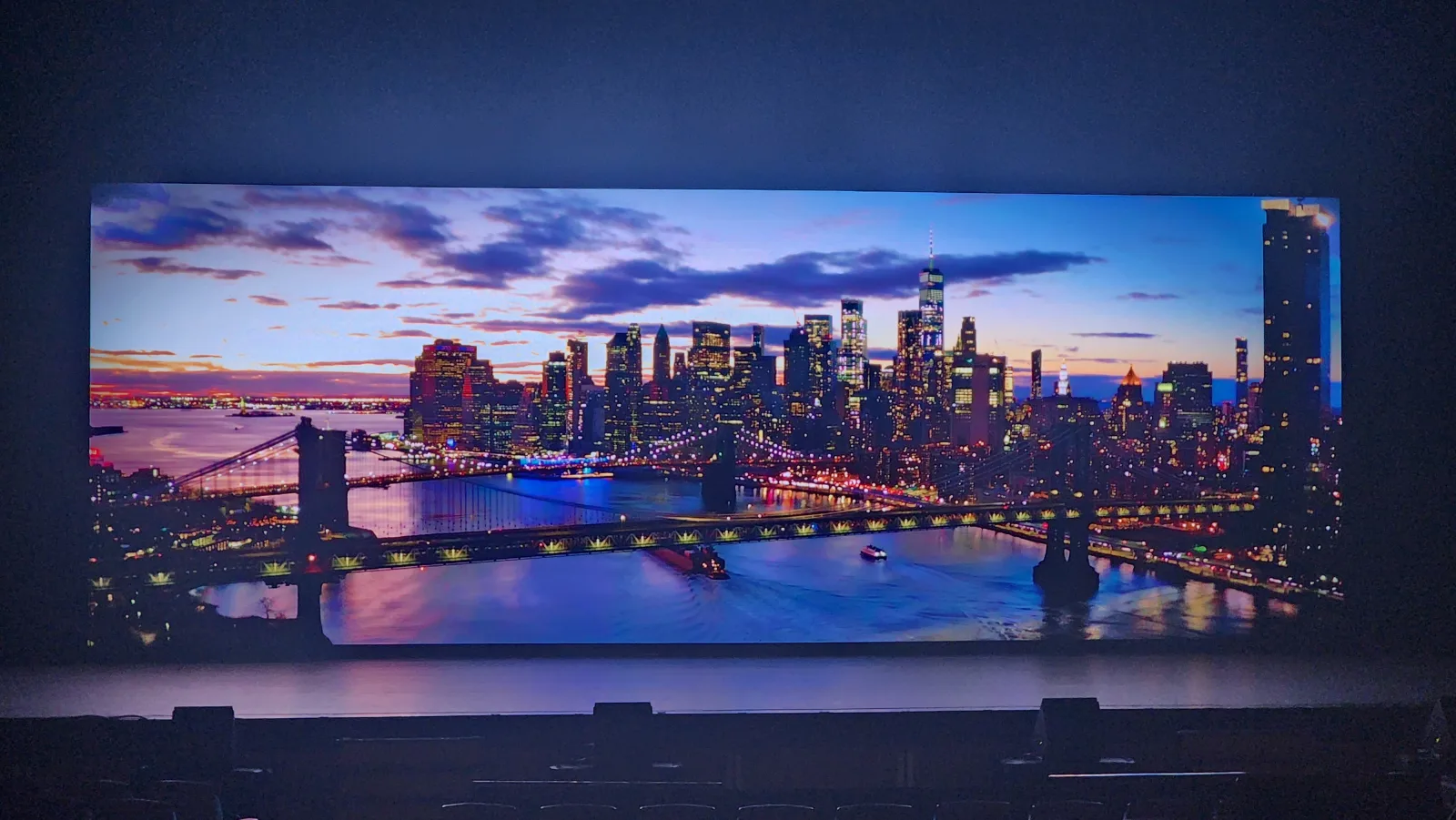 Wide NYC skyline image across the completed LED wall at Broward Center for the Performing Arts.