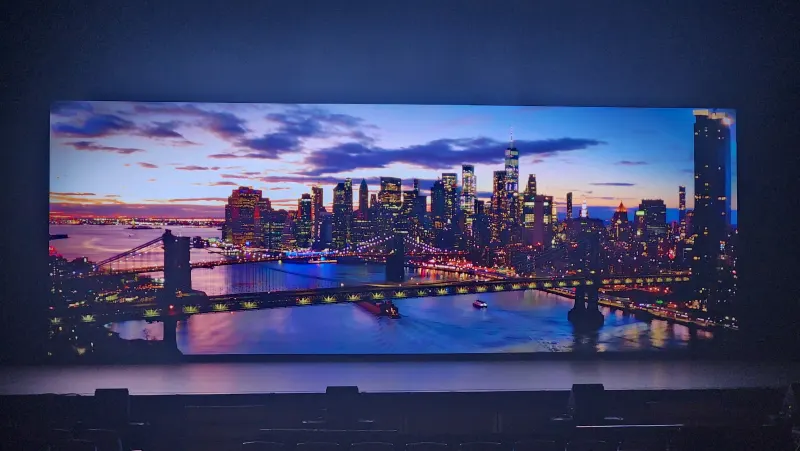 The LED wall installed at Broward Center in Fort Lauderdale, displaying a New York City skyline.