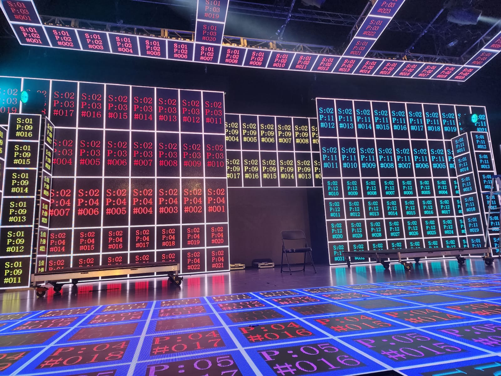 LED wall, towers, overhead grid and floor during signal testing